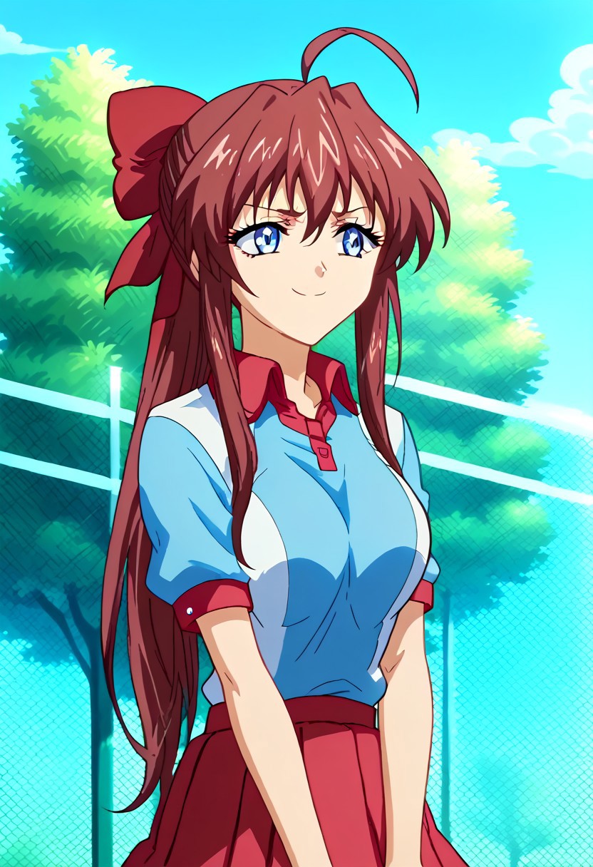 anime screencap, score_9, score_8_up, score_7_up, score_6_up, score_5_up, score_4_up, BREAK source_anime,close up 1girl, ((anime screencap)), Expressiveh, 1girl, ahoge, 
KanzakiaoiTB, tbtennisuniform, blue eyes, hair bow, tennis uniform, polo shirt, raglan sleeves, pleated skirt, red skirt, short sleeves
fence, v arms, smile, closed mouth, tree, sky, 
< lora:Anime Screencap_epoch_10:1.2>