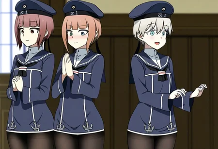 , masterpiece, best quality,amazing quality, highest score, absurdres, duo femboy, 
sailor collar, short hair,otoko no ko, z1 leberecht maass (kancolle), tights, male focus, sailor dress, blue hat, cowboy shot, z3 max schultz (kancolle), shorts, sfw, praying at church, 
 <lora:[Fatalpulse (Asanagi)] DANKE DANKEI REVOLUTION (Kantai Collection -KanColle-) Doujin Style Illustrious:1>,