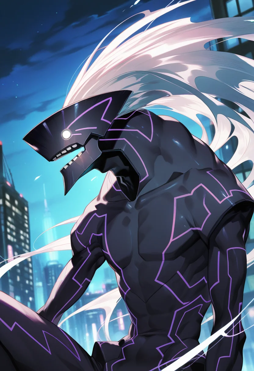 artist:gomzi,artist:wanke,artist:diyokama, rei_(sanbonzakura),[[artist:fuzichoco]],year 2023,
1boy, solo, merkava \(under night in-birth\), no humans, monster, glowing eyes, white eyes, no sclera, white hair, no hair, neon trim,
night,
<lora:uni_maleplayables.ilxl:01>