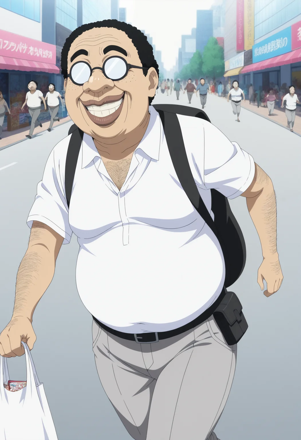 masterpiece, best quality,anime screencap, anime coloring,cowboy shot, bokeh,shade,crack of light,dappled sunlight,(solo boy,alone,soro focus:1.4),
<lora:otakukun:0.8>otakukun,1boy,ugly man,hentai,otaku,fat man,dark-skinned male,arm hair,chest hair,hairy,(lips,black hair,opaque glasses,freckles:0.7),white shirt,collared shirt,grey pants,
smile,running,dash,rucksack,waist pouch,shopping bag,otaku style,otaku goods,
akihabara \(tokyo\),outdoor, shopping street,