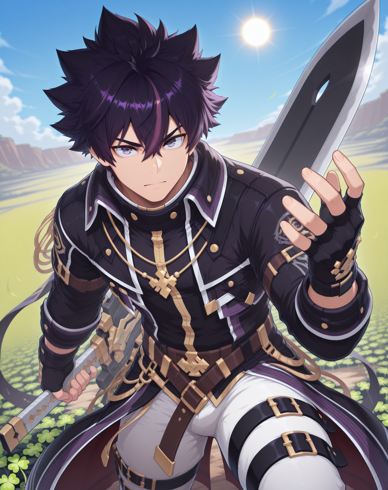 masterpiece, amazing quality, best quality, absurdres, very aesthetic,
1boy, solo, yaoi, male focus, cowboy shot, upper body, looking at viewer, face focus,
<lora:Sieghart_Old_Limit_Break_ilxl:1> siegolb, spiked hair, black hair, greyeyes, short hair, purple hair, multicolored hair, hair between eyes,
fingerless gloves, black coat, black gloves, high collar, gold trim, jacket, white pants, boots, leg belt, thigh strap,
jewelry, necklace,clover, fingernails,
holding weapon, holding sword, huge weapon,
outdoors, day, blue sky, sun,