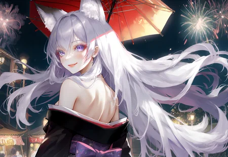 best quality, masterpiece, red kimono dress, (bare back:1.15), looking back, from behind, stocking, silver-grey hair, messy hair, purple eyes, fox ears, fox tail

(vibrant colors), solo, (confident, happy, dalcefo:1.1), Pilyeon, (stare, realistic, sakimistyle, lips, eyelashes:0.95),

streets, shopping, (night market), japan, night, nebula, colorful fireworks,  [[[lantern, umbrella]]], [smile, smug, standing, full body, upper body,], 

<lora:rengeBishoujo_1:0.2> <lora:MagicLORA:0.3> <lora:pilyeon_v1:0.5> <lora:sydusArtLoraNSFW_v10:0.35>  <lora:maemiTenma_tenmaV10:0.7>