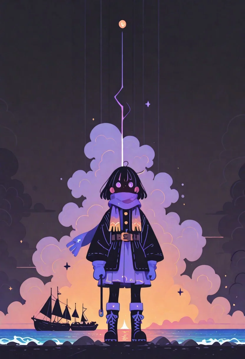 (Highly detailed, stylized, dramatic, digital illustration) A lone adventurer stands at the edge of a vast, stormy ocean, dressed in a weathered explorer’s outfit, face partially concealed by a tattered scarf. His dark leather jacket, intricately embroidered with faded nautical designs, flows in the fierce wind. He wears sturdy boots, rugged gloves, and a worn leather belt adorned with tools. His eyes, sharp and calculating, are visible above the scarf, focused on the horizon where turbulent waves crash against jagged rocks. A ship, battered by the storm, looms in the background with sails torn and ropes trailing in the fierce gusts. Above, dark clouds swirl ominously, and a sudden flash of lightning illuminates the scene, casting eerie shadows across the figure's silhouette. The atmosphere is intense, with a mix of muted, stormy grays and deep blues blending with the vibrant whites of the crashing waves. The ocean stretches out endlessly, embodying the unforgiving wildness of the sea, with only the adventurer’s determined presence standing against the chaotic landscape. haiz_ai, no lineart,no outline, , Flatline, Flat vector illustration