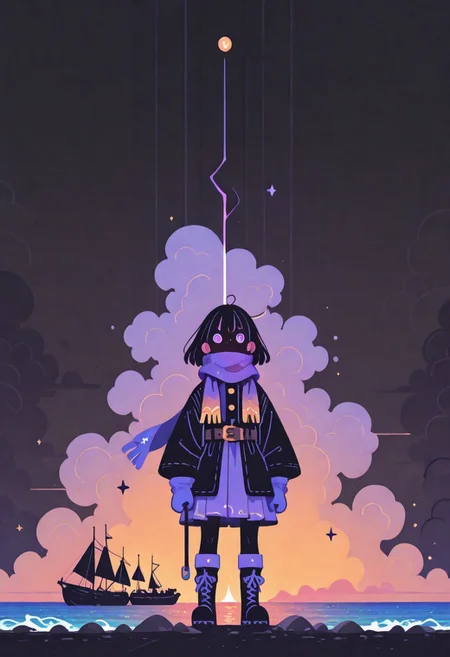 (Highly detailed, stylized, dramatic, digital illustration) A lone adventurer stands at the edge of a vast, stormy ocean, dressed in a weathered explorer’s outfit, face partially concealed by a tattered scarf. His dark leather jacket, intricately embroidered with faded nautical designs, flows in the fierce wind. He wears sturdy boots, rugged gloves, and a worn leather belt adorned with tools. His eyes, sharp and calculating, are visible above the scarf, focused on the horizon where turbulent waves crash against jagged rocks. A ship, battered by the storm, looms in the background with sails torn and ropes trailing in the fierce gusts. Above, dark clouds swirl ominously, and a sudden flash of lightning illuminates the scene, casting eerie shadows across the figure's silhouette. The atmosphere is intense, with a mix of muted, stormy grays and deep blues blending with the vibrant whites of the crashing waves. The ocean stretches out endlessly, embodying the unforgiving wildness of the sea, with only the adventurer’s determined presence standing against the chaotic landscape. haiz_ai, no lineart,no outline, , Flatline, Flat vector illustration