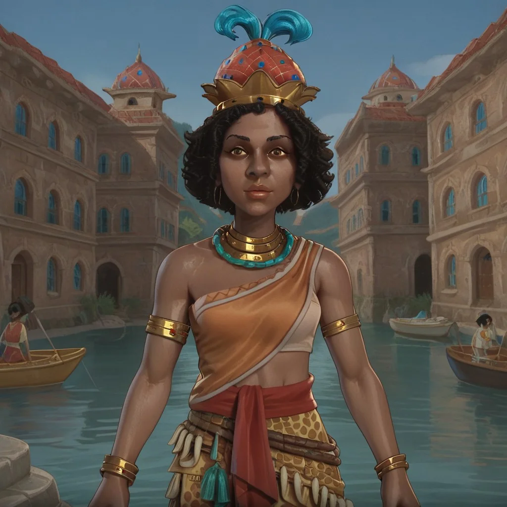 1girl, solo, nzinga, dark-skinned woman, curly hair, black hair, feather crown, african clothes, bare shoulder, brown eyes, gold jewelry, gold bracelet, gold necklace, standing in front of stone african buildings at a harbour, boats in the water