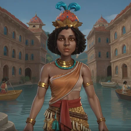 1girl, solo, nzinga, dark-skinned woman, curly hair, black hair, feather crown, african clothes, bare shoulder, brown eyes, gold jewelry, gold bracelet, gold necklace, standing in front of stone african buildings at a harbour, boats in the water