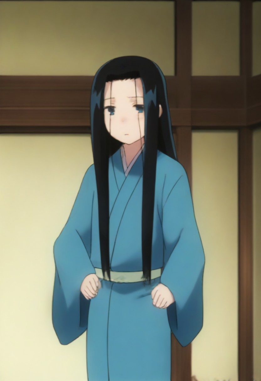 Masterpiece, Top Quality, source_anime, anime screencap, source_anime, auratheguillotine, anime screencap, masterpiece, source_anime, shiny skin,,,,anrakutei, blue_eyes, black_hair, very_long_hair, blue_kimono, long_sleeves, wide_sleeves,
