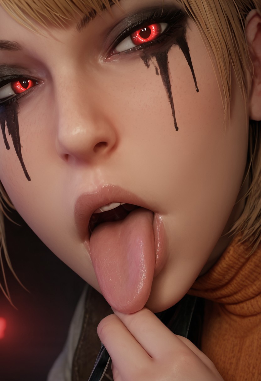 score_9, score_8_up, score_7_up, 1dk, 1girl, ashley graham resident evil, source_anime, goth girl, close up, body focus, medium heavy breasts, beautiful face, thick body, low light, perfecteyes, seductive look, purple neon lights, neon rim lighting, cinematic lighting, goth makeup, glowing red eyes, cult face paint. flashing body, hands removing clothes, mouth open, tongue out, body writing