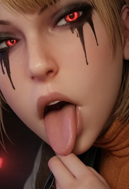 score_9, score_8_up, score_7_up, 1dk, 1girl, ashley graham resident evil, source_anime, goth girl, close up, body focus, medium heavy breasts, beautiful face, thick body, low light, perfecteyes, seductive look, purple neon lights, neon rim lighting, cinematic lighting, goth makeup, glowing red eyes, cult face paint. flashing body, hands removing clothes, mouth open, tongue out, body writing