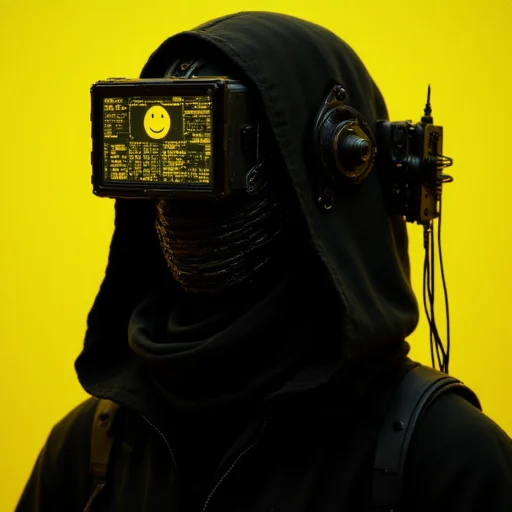 a cyber information scout dressed in dark mechanical armor, equipped with advanced visual devices that cover the face with a glowing display - an ascii art smiley face is visible on the screen. The bleaked yellow and black background accentuates the silhouette of the scout, with detailed gear and wires extending from the armor, blending seamlessly with the surrounding. The overall style exudes a futuristic and tech-driven atmosphere.