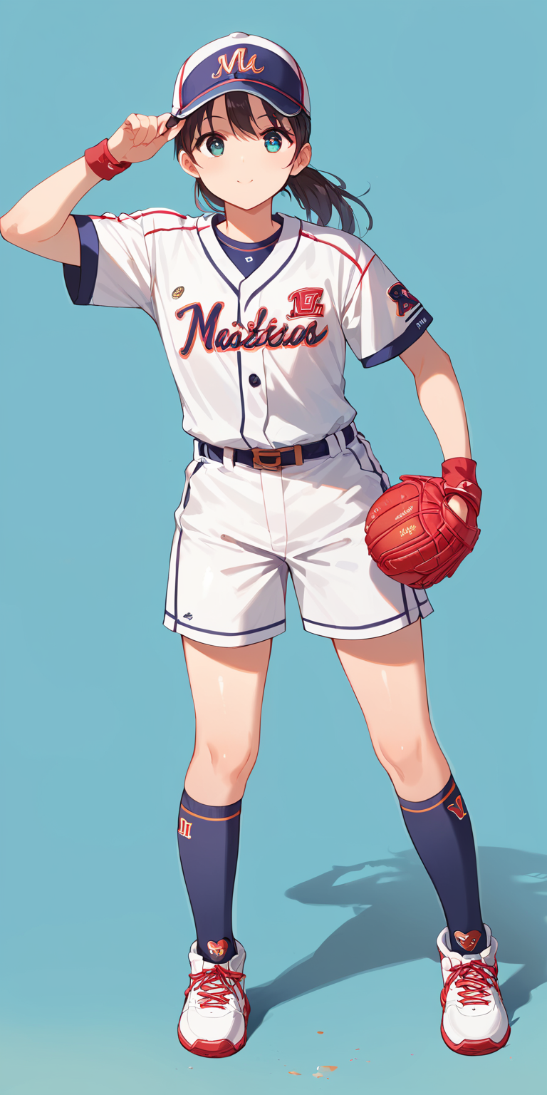 score_9, score_8_up, score_7_up,source_anime, high res image,masterpiece,best quality,cute face,clear skin,shiny hair,ultra detailed eyes,simple background,  <lora:softball uniform_pony_V1.0:0.8> softball uniform, softball, socks