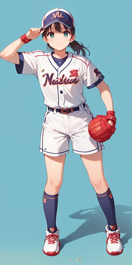 score_9, score_8_up, score_7_up,source_anime, high res image,masterpiece,best quality,cute face,clear skin,shiny hair,ultra detailed eyes,simple background, <lora:softball uniform_pony_V1.0:0.8> softball uniform, softball, socks