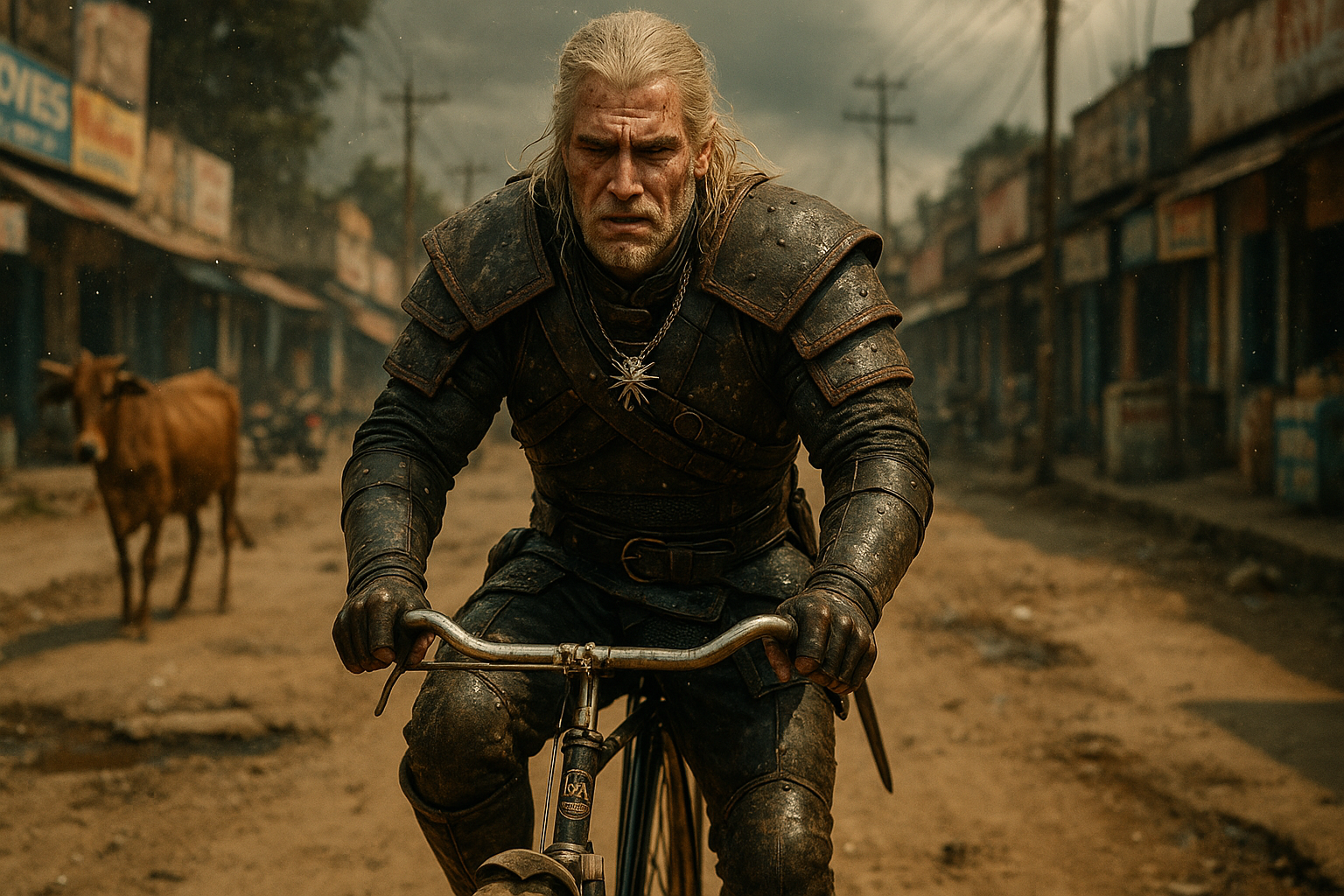generate an image in the ratio of 16:9 with the following prompt -  

"Realistic movie screencap of Geralt from The Witcher 3 riding a BSA Deluxe cycle. He is looking tired and annoyed as he laboriously tries to paddle the cycle on an Indian road.  Geralt is dressed in his usual armor which is dented from previous battles. 

The cycle is an old BSA cycle popular in India. Geralt is cycling towards the viewer. He is cycling on a broken Indian road. There are some shops towards the side of the road. Geralt has recently passed a Cow standing in the streets. The weather is warm and that is making Geralt sweat profusely. The setting is an authentic movie scene with a cinematic vibe akin to an old Hollywood movie. To give the place an authentic Indian vibe, there are several shop signs, electric poles, and potholes in the road. There are dark clouds near the horizon suggesting a storm is approaching.

Every detail is rendered with breathtaking clarity and crisp sharpness - in highest resolution and impressive colors. Cinematic vibe with particle effects, film grain, and depth-of-field."
