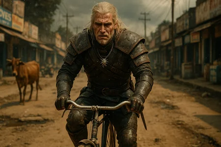 generate an image in the ratio of 16:9 with the following prompt -  

"Realistic movie screencap of Geralt from The Witcher 3 riding a BSA Deluxe cycle. He is looking tired and annoyed as he laboriously tries to paddle the cycle on an Indian road.  Geralt is dressed in his usual armor which is dented from previous battles. 

The cycle is an old BSA cycle popular in India. Geralt is cycling towards the viewer. He is cycling on a broken Indian road. There are some shops towards the side of the road. Geralt has recently passed a Cow standing in the streets. The weather is warm and that is making Geralt sweat profusely. The setting is an authentic movie scene with a cinematic vibe akin to an old Hollywood movie. To give the place an authentic Indian vibe, there are several shop signs, electric poles, and potholes in the road. There are dark clouds near the horizon suggesting a storm is approaching.

Every detail is rendered with breathtaking clarity and crisp sharpness - in highest resolution and impressive colors. Cinematic vibe with particle effects, film grain, and depth-of-field."