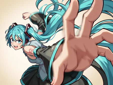 <lora:xl_XL_pepe_punch(pony)3:1>,pepe punch pose,motion blur,looking at viewer,from side,hatsune miku,, score_9, score_8_up,