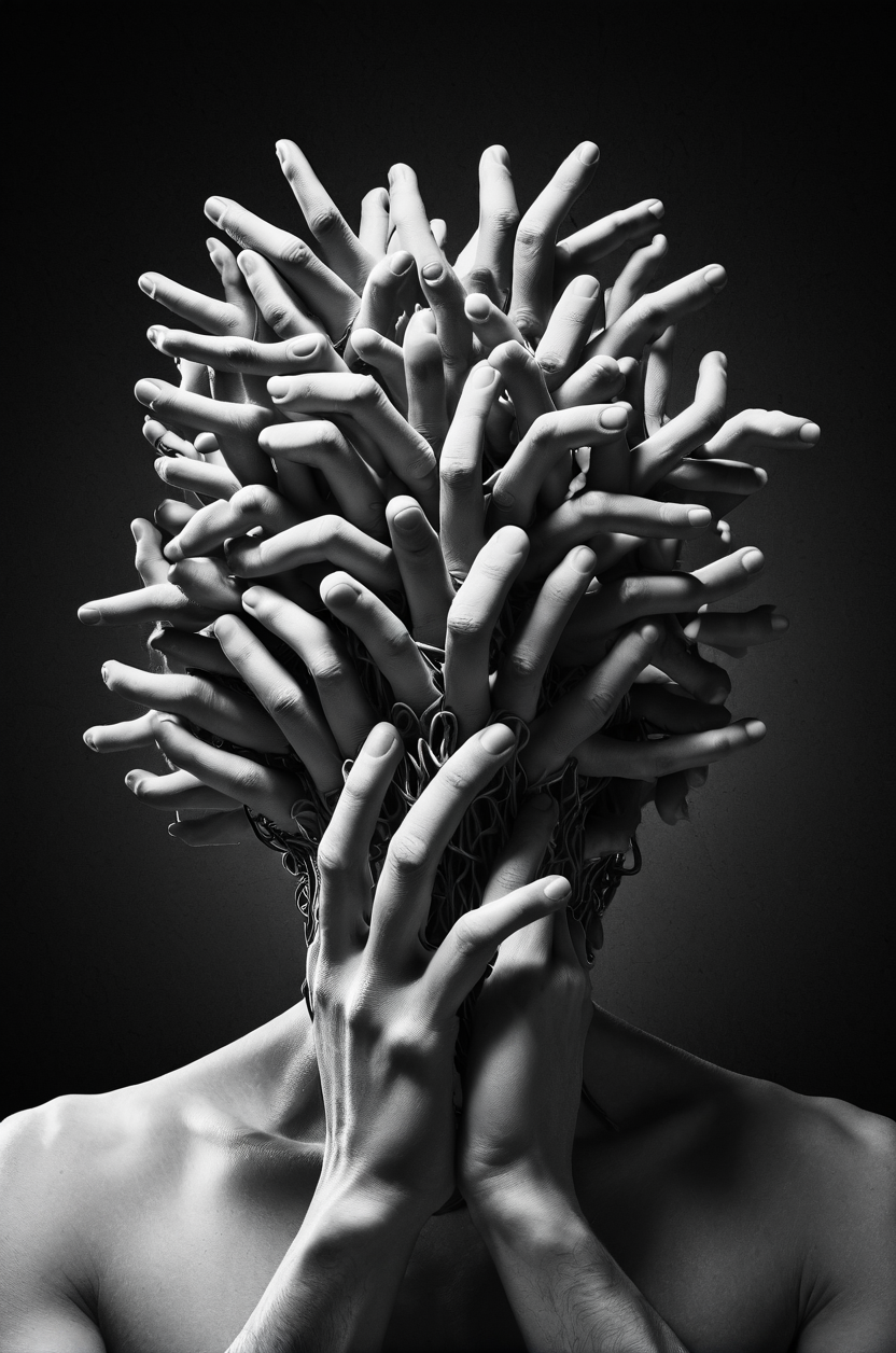 Surreal portrait, human head composed of numerous entwined fingers, rich textures evoking depth, shadowy ambiance highlighting contours, grayscale palette imbuing eerie, mysterious aura, bold "MASTERMIND" caption in stark white, font resonates with stark, enigmatic mood, visual metaphor for complexity, psychological depth, possibly hinting at introspection, intellect, creative thoughts, image strikingly contrasts organic forms with a somber, almost monolithic presence, lighting accentuates finger details, creates an interplay of light and shadow, seamless merging of fingers into head and shoulders suggest unity, an artistic blend of human anatomy with abstract concepts, alluding to themes of identity, mental processes.,