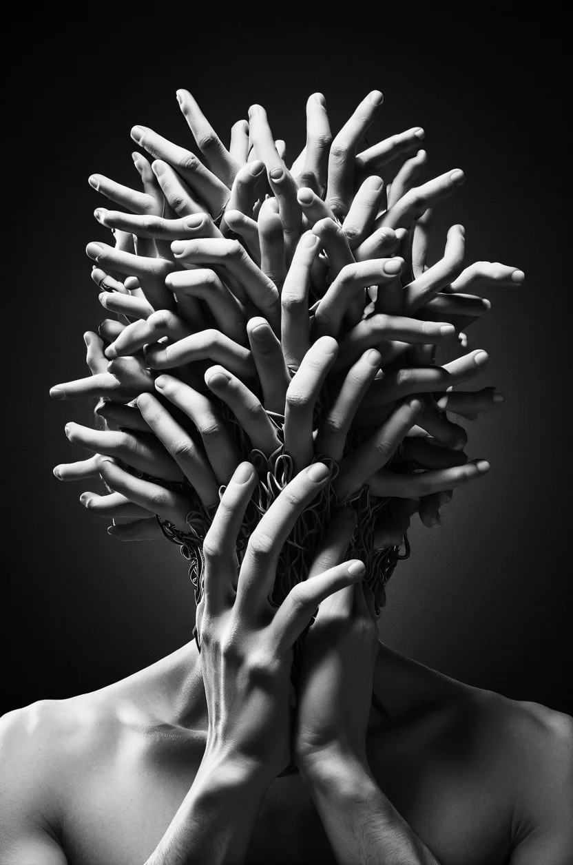 Surreal portrait, human head composed of numerous entwined fingers, rich textures evoking depth, shadowy ambiance highlighting contours, grayscale palette imbuing eerie, mysterious aura, bold "MASTERMIND" caption in stark white, font resonates with stark, enigmatic mood, visual metaphor for complexity, psychological depth, possibly hinting at introspection, intellect, creative thoughts, image strikingly contrasts organic forms with a somber, almost monolithic presence, lighting accentuates finger details, creates an interplay of light and shadow, seamless merging of fingers into head and shoulders suggest unity, an artistic blend of human anatomy with abstract concepts, alluding to themes of identity, mental processes.,