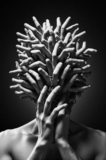 Surreal portrait, human head composed of numerous entwined fingers, rich textures evoking depth, shadowy ambiance highlighting contours, grayscale palette imbuing eerie, mysterious aura, bold "MASTERMIND" caption in stark white, font resonates with stark, enigmatic mood, visual metaphor for complexity, psychological depth, possibly hinting at introspection, intellect, creative thoughts, image strikingly contrasts organic forms with a somber, almost monolithic presence, lighting accentuates finger details, creates an interplay of light and shadow, seamless merging of fingers into head and shoulders suggest unity, an artistic blend of human anatomy with abstract concepts, alluding to themes of identity, mental processes.,