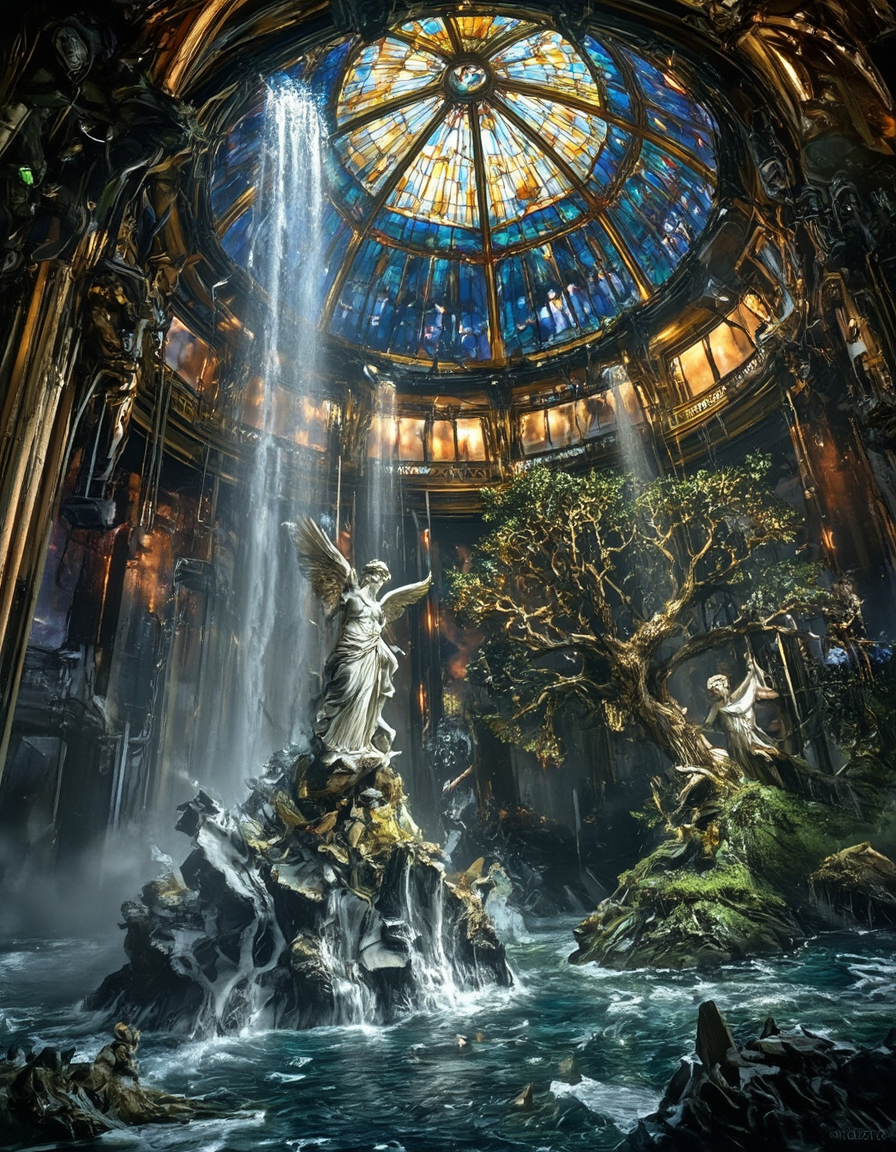 <lora:CW02_Lost_indusin:1> cw02lost, indoors, winged victory, marble statue, classical sculpture, hellenistic, dynamic pose, drapery, broken statue, elegance, historic, female figure, victory, ancient craftsmanship, iconic, stained glass, broken dome, ornate, cyberpunk, golden, intricate, luxury, broken glasswork,  industrial, steampunk, T10, waves, rocks, tortured tree, vegetation, waterfall from broken dome, ruins, sunset, blue, orange, yellow, brown, wet, broken pipes, hanging wires, vertical neons, epic, flood, oozing walls,