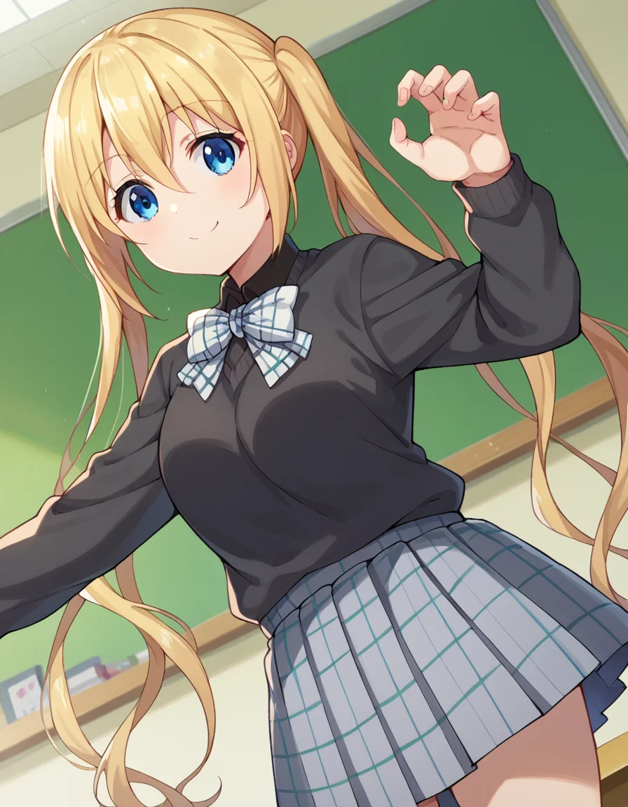 score_9, score_8_up, score_7_up, source_anime,
kahohinata, <lora:kaho-hinata-ponyxl-lora-nochekaiser:1>,
kaho hinata, blonde hair, blue eyes, hair between eyes, long hair, sidelocks, twintails, smile,
skirt, shirt, long sleeves, bow, school uniform, pleated skirt, collared shirt, bowtie, sweater, plaid, black shirt, plaid skirt, grey skirt, black sweater, grey bow,
indoors, classroom,
looking at viewer, dutch angle, cowboy shot, dynamic pose,