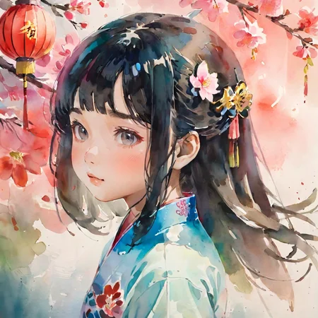little girl,upper body,((((black hair)))),(solo:1.5),((detailed face)),illustration,(((Watercolor))),((Chinese Brush Painting)),(((extremely delicate and beautiful)))),ultra-detailed,(((beautiful detailed eyes))),(((qipao))),(cheongsam),(Chinese style),( long hair,((( flying petals))), ((((floating hair)))) ,(((flowing))),clear face, traditional watercolor painting,,,<lora:traditional_watercolor_painting:0.7>,,,