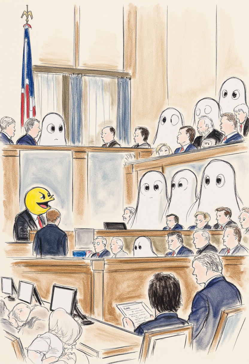 <lora:Courtroom_Sketch_Style_FLUX-000013:0.8>
This is a detailed, hand-drawn courtroom scene in a sketchy, watercolor style depicting Pac-Man on trial, with a jury consisting of entirely ghosts