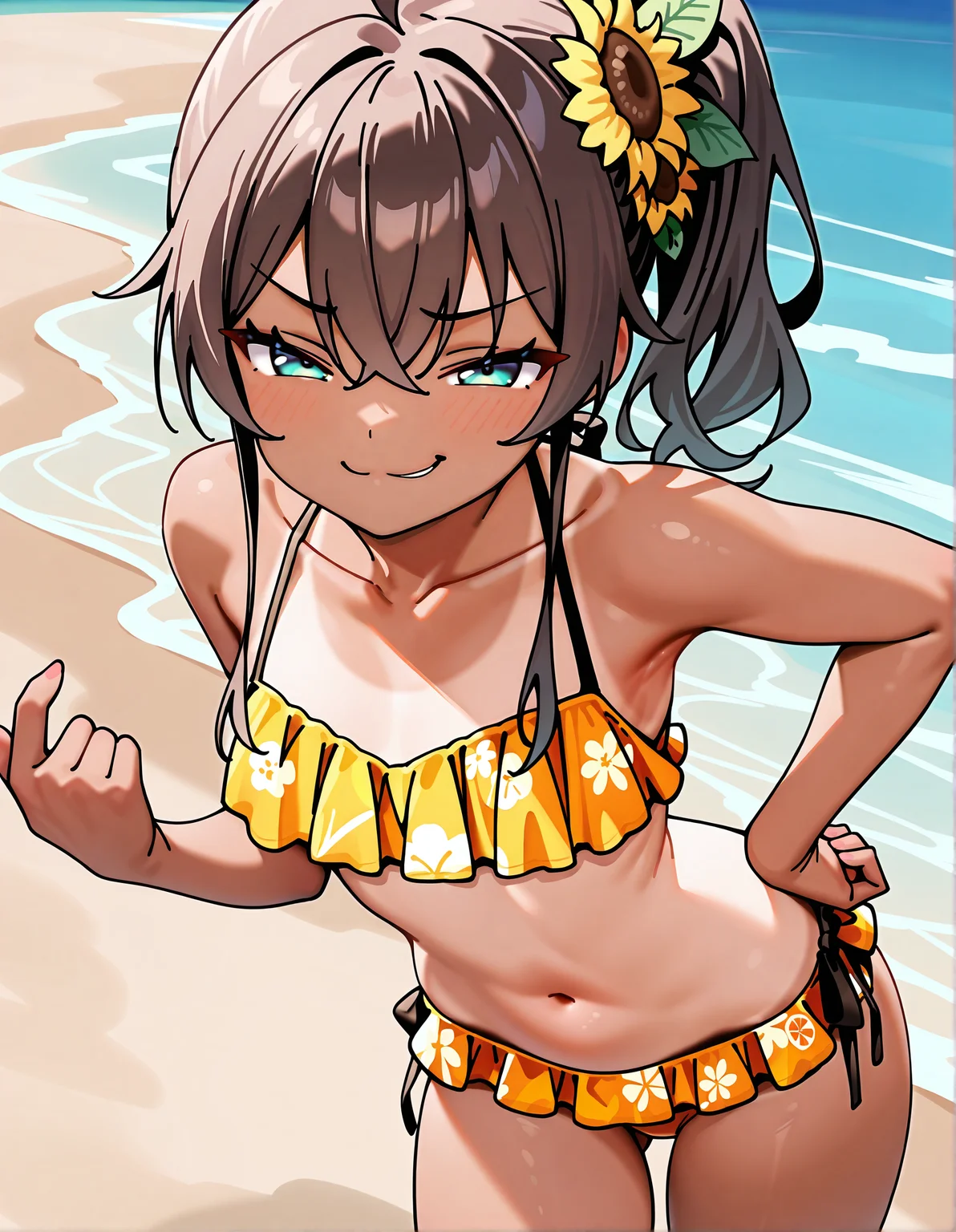 masterpiece, perfect quality, best quality, absolutely eye-catching, absurdres, highres, newest, beach, <lora:natsuiromatsuriillustriousXL1_0:0.7>, 1girl, matsuri2019summer, cowboy shot, smug, tan,