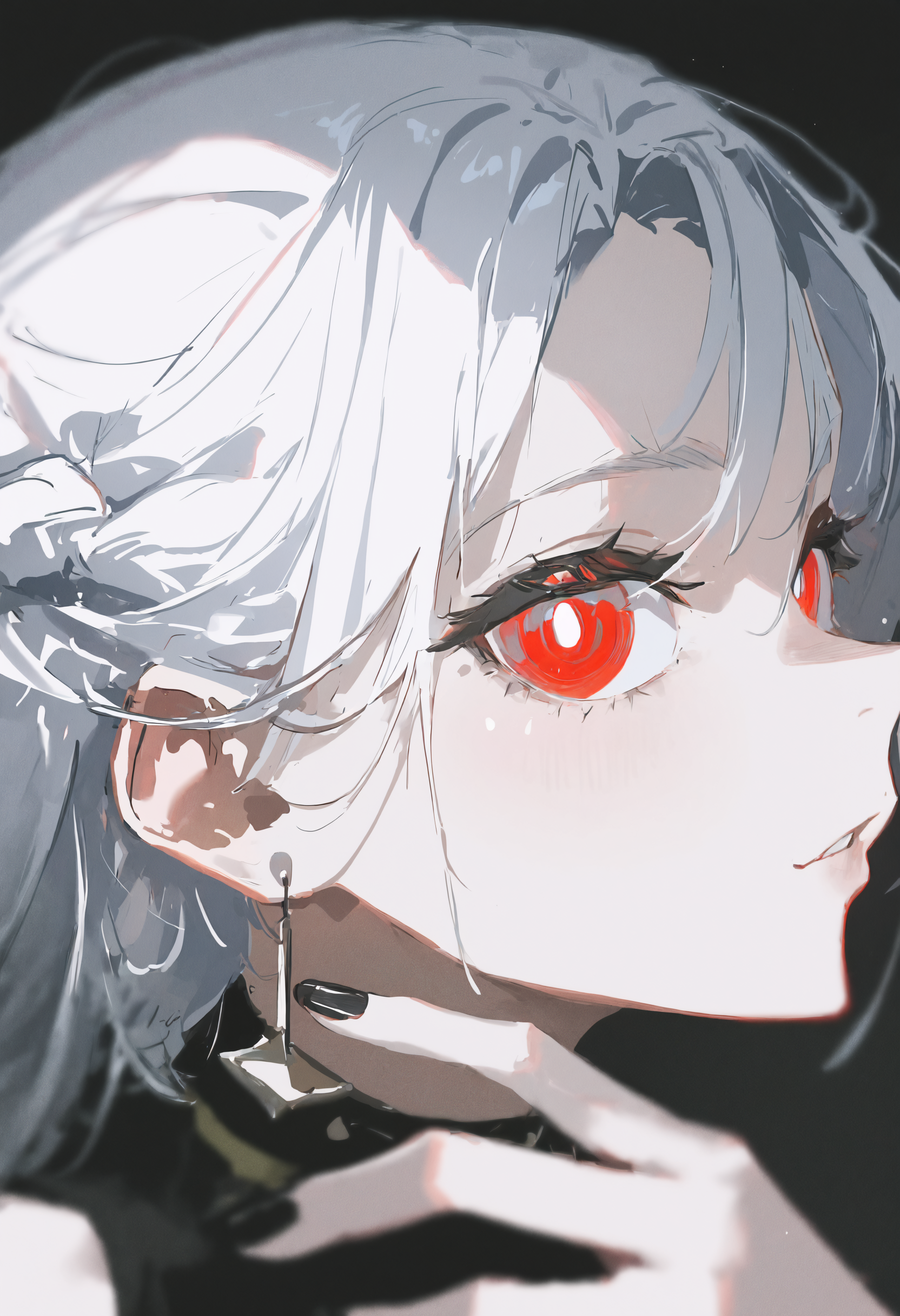 masterpiece, best quality, newest, absurdres, highres, very awa, anime screencap, film grain, limited palette, sketch, no lineart, ambient occlusion, depth of field, intricate background, ZGlub, traditional media, painting \(medium\), red eyes, 1girl, black nails, solo, eye focus, looking at viewer, white hair, nail polish, eyelashes, black background, close-up, fingernails, bright pupils, simple background, pale skin