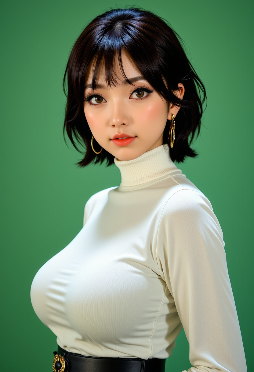 Headshots,masterpiece, a beautiful woman,Hyperrealistic, she is smiling, dynamic angles, multiple angles, photoshoot poses; A photo of A photo of Synthetic Partner 1, a woman with short dark hair, and brown eyes, she has massive breasts, a beautiful girl,she is wearing a white turtleneck sweater.she has massive breasts, she has piercing eyes. a dynamic pose and a sense of action. simple green background, and the lighting is soft, creating a dramatic effect, creating a focused and dynamic pose.; the scene is set in a beautiful well-lit environment, with a sense of action and adventure. Style: realistic hyper-detailed rendering, 32k UHD, expressive eyes, punk, graphic design, girl's face, pretty and cute, gleaming lips, telling a tale of adventure. Exuding confidence and serenity. The overall mood of the image is happy and relaxed, detailed skin texture,(blush:0.2),(goosebumps:0.3), subsurface scattering,with a playful and whimsical tone,perfect hand, hand, detailed hand,niji style,retro50s_style,