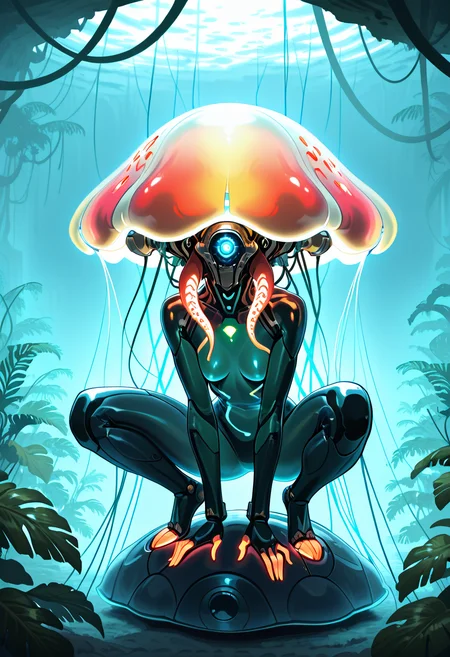 masterpiece, best quality, no humans,   ,<lora:TechJelly_IXL:0.7>,  TechJelly, metallic shell, glowing red accents, tentacles made of wires, cybernetic eye, high-tech jungle, green bioluminescence, stealth mode, crouching position, soft light filtering through trees, mysterious atmosphere â Deep within a high-tech jungle, TechJelly crouches low among the glowing, bioluminescent flora, its metallic shell almost blending into the environment. The red accents along its body flicker, matching the rhythm of its cybernetic eye that scans for movement. Its tentacles, made of flexible wires, coil and twist with precision, ready for action. The soft light filtering through the dense canopy above creates an ethereal glow on its form, while the mysterious atmosphere heightens the tension of its stealth mode. The world around it is alive, but TechJelly is a predator lurking in the shadows, waiting for the perfect moment to strike.