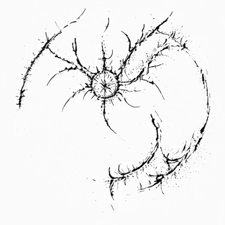 masterpiece, best quality, cybersigilism, neotribal, photo of heptagram, white background, (heptapod language:1.5), language from film arrival, curves, ink circles