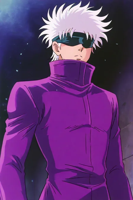 <lora:GojoSatoruPony:0.8> SatoruGojo, (gojou satoru:0.5), white hair, purple pants, high collar, blindfold, covered eyes, black blindfold, purple jacket, purple pants, 1boy, solo, alone, 1boy, solo, alone, upper body, <lora:saint_seiya_style_illustriousXL:0.8>, saint_seiya_style, masterpiece, highres