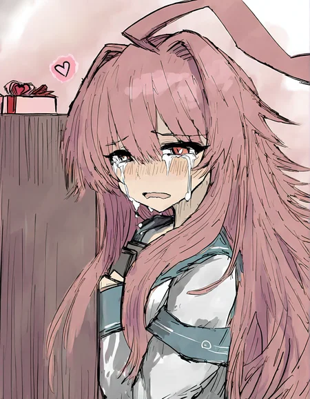 sushi yuusha toro, 1girl, long hair, solo, box, sensitive, ahoge, red eyes, tears, heart, crying, sketch, valentine, heart-shaped box, pink hair, table, kuma (kancolle), gift
very awa, masterpiece, best quality, year 2024, newest, highres, absurdres, <lora:black-souls-style-noobai-vpred10-v4:1>