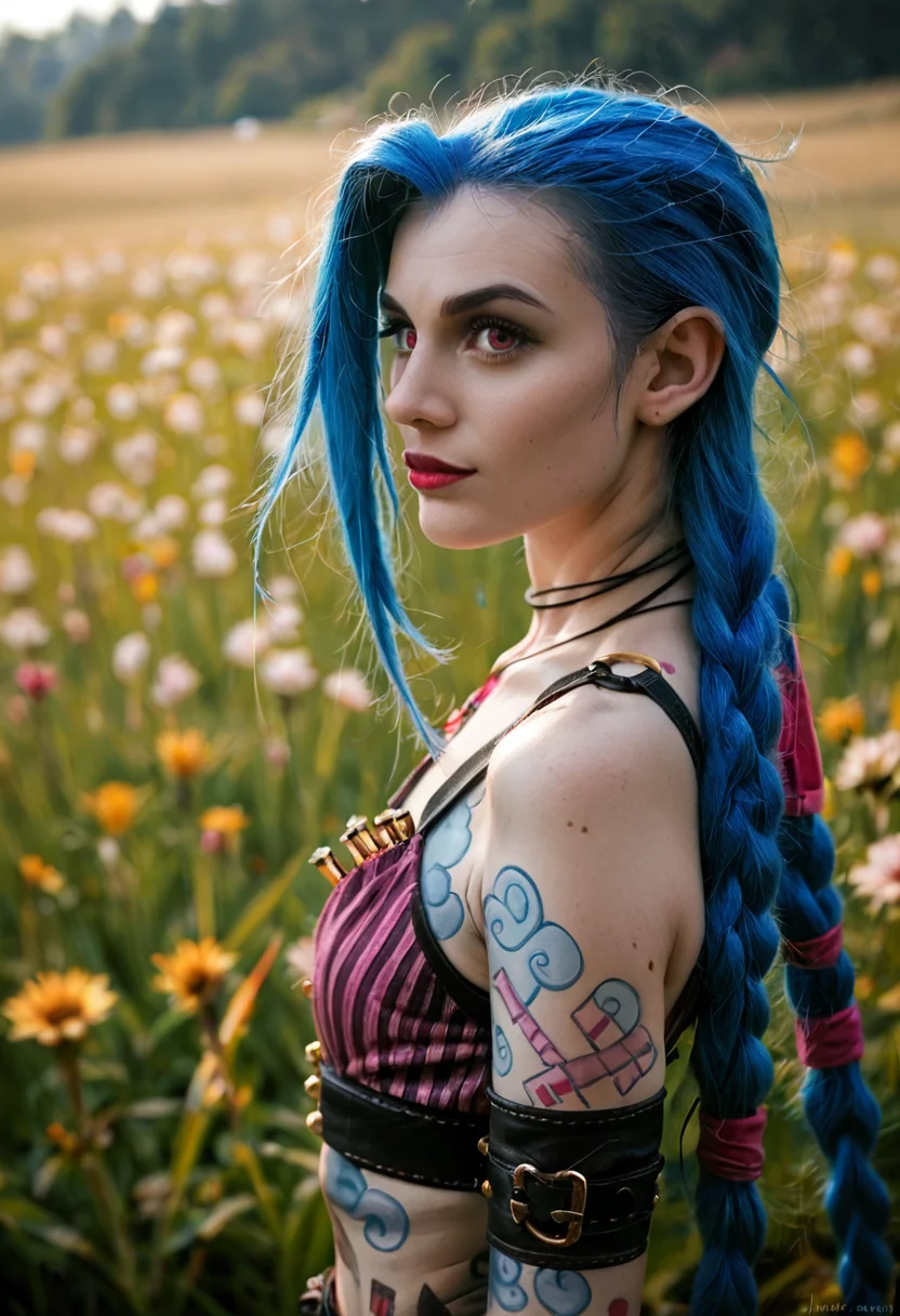 score_9, score_8_up, score_7_up, score_6_up, score_5_up, score_4_up, RAW, 8k, very detailed, realistic, real, hyper realistic, (source_real:1.5), epic view, detailed eyes,
beautiful (jinx, jinx outfit:1.3), field, natural lighting, standing,
<lora:add-detail-xl:1> <lora:MJ52:0.4> <lora:CinematicStyle_v1:1>