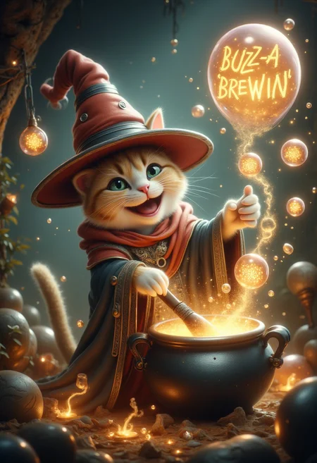 detailed realistic image. realistic scenery, ultra high quality, very detailed, a cute toon kitty wizard is stirring with an excited grin a potion in a magic cauldron in her wizard den. the brew from the cauldron emits sparkles of magic and big magic bubble that contains the text: "BUZZ-a-BREWIN'". masterpiece, 4k, photorealistic, DonMM4g1cFX