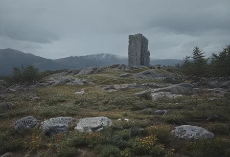 a minimalist big single monolith made of huge titanium block in the vast tundra landscape with small rocks and dense pine trees, a natural contemporary landscape, big dead trees and rotten bushes around, sky and clouds are dark blue and greenish, misty and black with clouds, dark atmosphere, huge mountains on the background, large format film photography style, frontal shot, over the shoulder view, architectural wide angle photography, sharp image, balanced composition,
