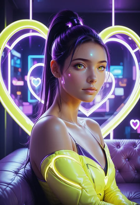 (((masterpiece))) , (((best quality))) , 2d, 8k. 1 woman, high ponytail, leaning on a neon purple couch with neon yellow pillows, the pillows are formed as a heart, SeijSDXL <lora:SeijSDXL-000006:0.7>, close up, portrait, looking at viewer, futuristic interior <lora:FuturisticInteriorStyle:0.6> <lora:SDXLFaeTastic2400:0.5>