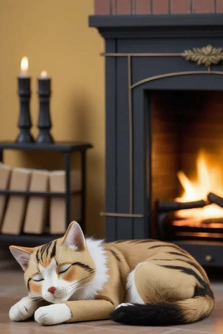 cat sleeping in front of a fireplace, marionette, strings <lora:marionette_lora_v2:0.9>