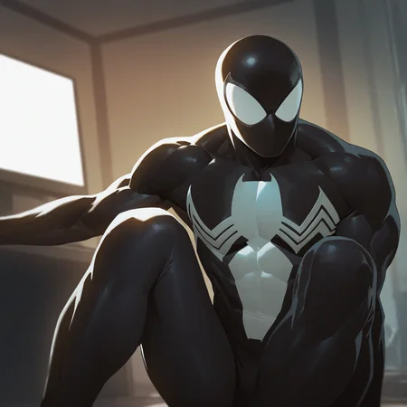 <lora:SPIDERMAN_CBS:1> spiderman_cbs, solo, 1boy, sitting, male focus, indoors, blurry, muscular, bodysuit, knees up, black bodysuit, retro artstyle, white eyes, no pupils, television, monitor, blank eyes, film grain, 1990s (style), superhero, tokusatsu, mask, glowing, computer, detailed background, motion blur, film grain, abstract, natural lighting, fantasy, cinematic, dynamic view, tilted angle, very awa, masterpiece, best quality, absurdres, newest, perfect quality, detailed background, intricate details, (artist:fl \(l-fl\):0.7), (artist:tooboshoo:0.7), (artist:dizdoodz:0.8)