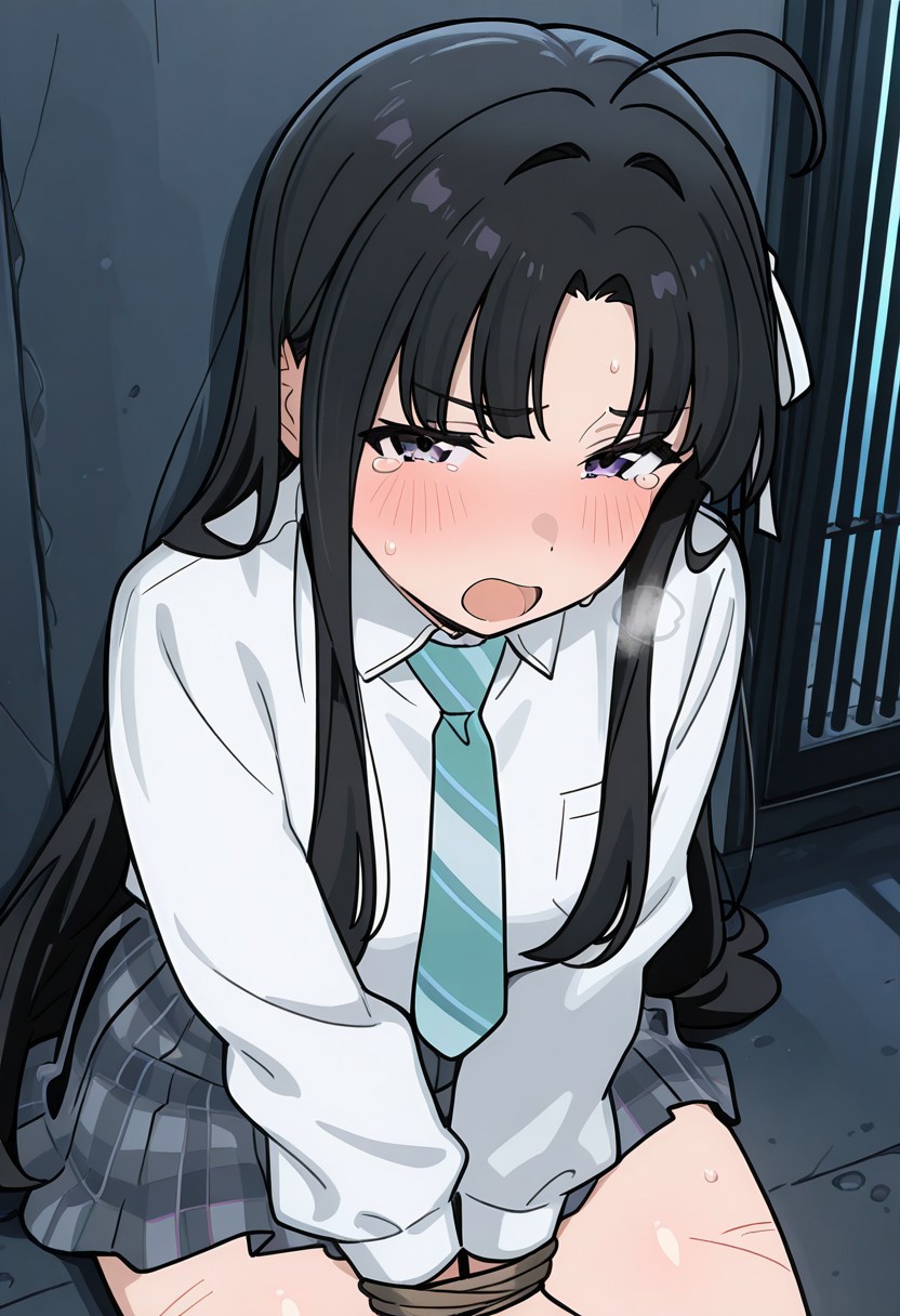 masterpiece, best quality, newest, solo, anime screencap, <lora:SUBARU_AWA_ilxl_v1.1:1>, subaru_awa,hair ribbon, white ribbon, ahoge, perfect eyes, half closed eyes, breast, shiny skin, school uniform, white shirt, collared shirt,striped necktie,long sleeves,pleated skirt, expressive, tears, blush, embarrassed, scared, looking at viewer, bound wrists, on ground, sitting, against wall, prison, tied up \(nonsexual\), arms folded, bound wrists, scratches, exhausted, open mouth, heavy breathing, exhausted, from above, dynamic view, dark room, perfect anatomy