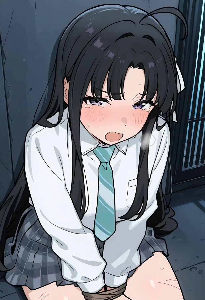 masterpiece, best quality, newest, solo, anime screencap, <lora:SUBARU_AWA_ilxl_v1.1:1>, subaru_awa,hair ribbon, white ribbon, ahoge, perfect eyes, half closed eyes, breast, shiny skin, school uniform, white shirt, collared shirt,striped necktie,long sleeves,pleated skirt, expressive, tears, blush, embarrassed, scared, looking at viewer, bound wrists, on ground, sitting, against wall, prison, tied up \(nonsexual\), arms folded, bound wrists, scratches, exhausted, open mouth, heavy breathing, exhausted, from above, dynamic view, dark room, perfect anatomy