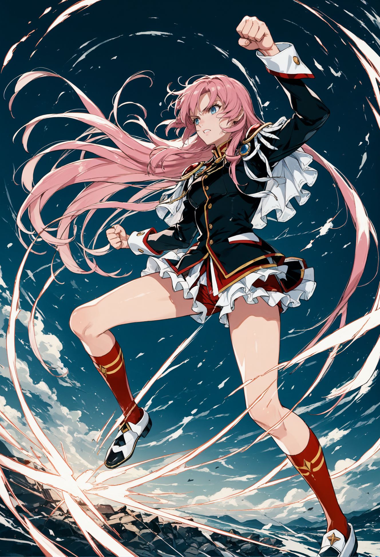 score_9, score_8_up, score_7_up, best quapoty, highres, absurdres, source_anime, 1girl, Utena, <lora:Utena:0.8>, black dress, short dress, long sleeves, red shorts, epaulettes, aiguillette, red socks, shoes, fighting stance, dynamic angle