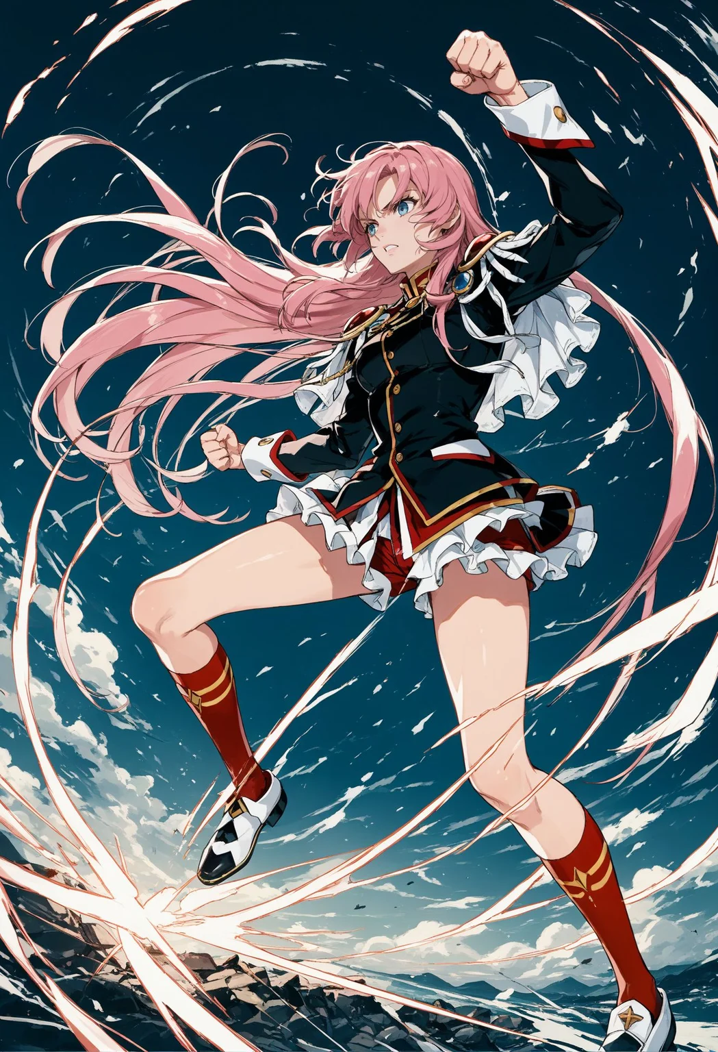 score_9, score_8_up, score_7_up, best quapoty, highres, absurdres, source_anime, 1girl, Utena, <lora:Utena:0.8>, black dress, short dress, long sleeves, red shorts, epaulettes, aiguillette, red socks, shoes, fighting stance, dynamic angle