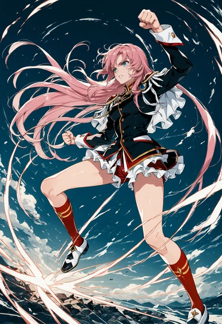 score_9, score_8_up, score_7_up, best quapoty, highres, absurdres, source_anime, 1girl, Utena, <lora:Utena:0.8>, black dress, short dress, long sleeves, red shorts, epaulettes, aiguillette, red socks, shoes, fighting stance, dynamic angle