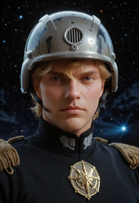 zPDXL3, 1boy, Reinhard standing, looking at viewer, german_helmet, hair sticking out of the helmet, visible face, space station background