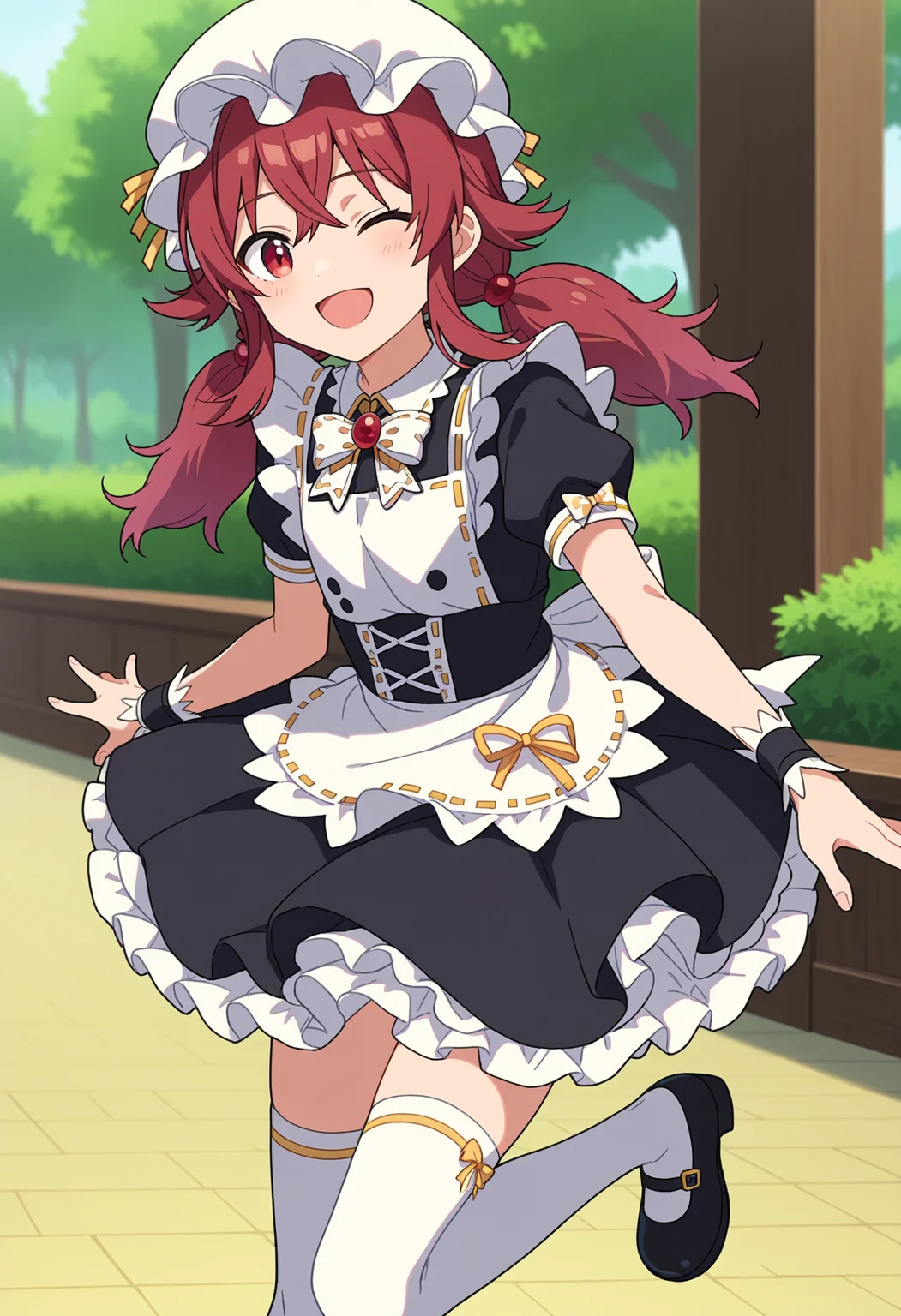 score_9, score_8_up, score_7_up, source_anime,
BREAK
1girl, solo, anime screencap, anime coloring,
<lora:shiKomiyaKahoV1:1.0>,
shikomiyamaid, long hair, red hair, red eyes, hair between eyes, white bow, low twintails,
maid headdress, maid, maid apron, frilled apron,
frilled dress, black dress, puffy short sleeves, wrist cuffs, mob cap, white headwear,
white thighhighs, standing on one leg, mary janes,
looking at viewer, smile, one eye closed, open mouth,