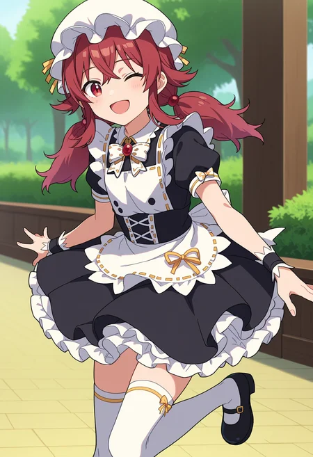 score_9, score_8_up, score_7_up, source_anime,
BREAK
1girl, solo, anime screencap, anime coloring,
<lora:shiKomiyaKahoV1:1.0>,
shikomiyamaid, long hair, red hair, red eyes, hair between eyes, white bow, low twintails,
maid headdress, maid, maid apron, frilled apron,
frilled dress, black dress, puffy short sleeves, wrist cuffs, mob cap, white headwear,
white thighhighs, standing on one leg, mary janes,
looking at viewer, smile, one eye closed, open mouth,
