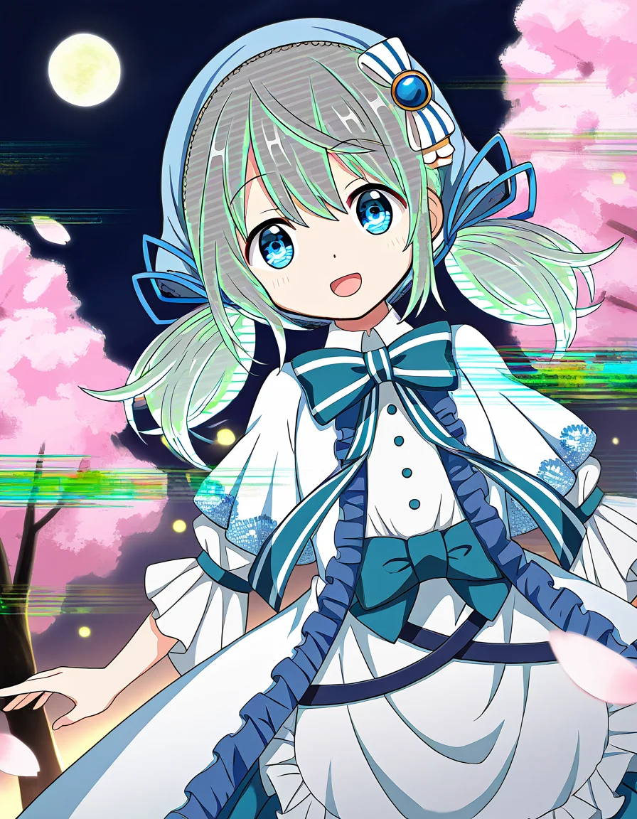 masterpiece, best quality, newest, absurdres, highres, safe, 1girl, chiaki riko, magia record: mahou shoujo madoka magica gaiden, glitch hair, glitch, open mouth, solo, outdoors, cherry blossoms, night, dutch angle, <lora:chiaki_riko_noobaiXLNAIXL_vPred10Version:0.7>