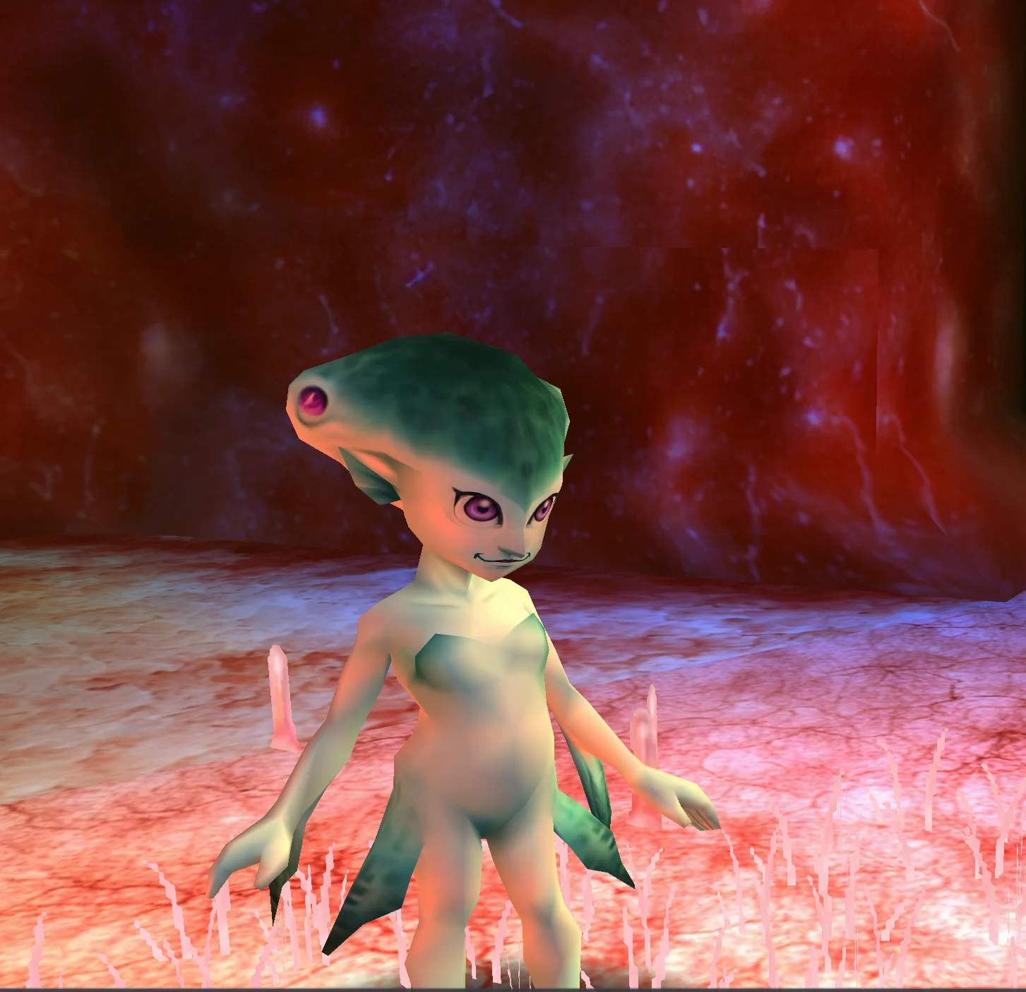 princess ruto, 1girl, young princess ruto, the legend of zelda, ocarina of time, zora princess, aquatic humanoid, blue skin, light blue skin with darker blue spots, fin ears, head fin, zora, purple eyes, slender body, no clothing, elegant fins, translucent fins webbed hands, webbed feet, fantasy creature, nintendo character, low poly textures,