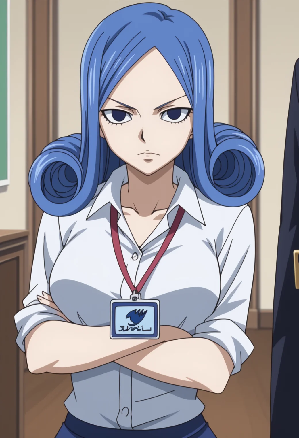 score_9, score_8_up, score_7_up, anime screencap, BREAK, 1girl, solo, <lora:DX888Juvia:1>, juvia lockser, blue hair, curly hair, blue eyes, , BREAK solo,crossed arms, upper body , looking at viewer,, white shirt, office lady, pantyhose, lanyard,